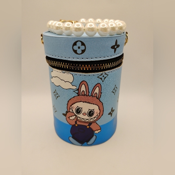 Labubu Cylinder Leather Cosmetic Bag With Pearl Removable Strap - Picture 6 of 6